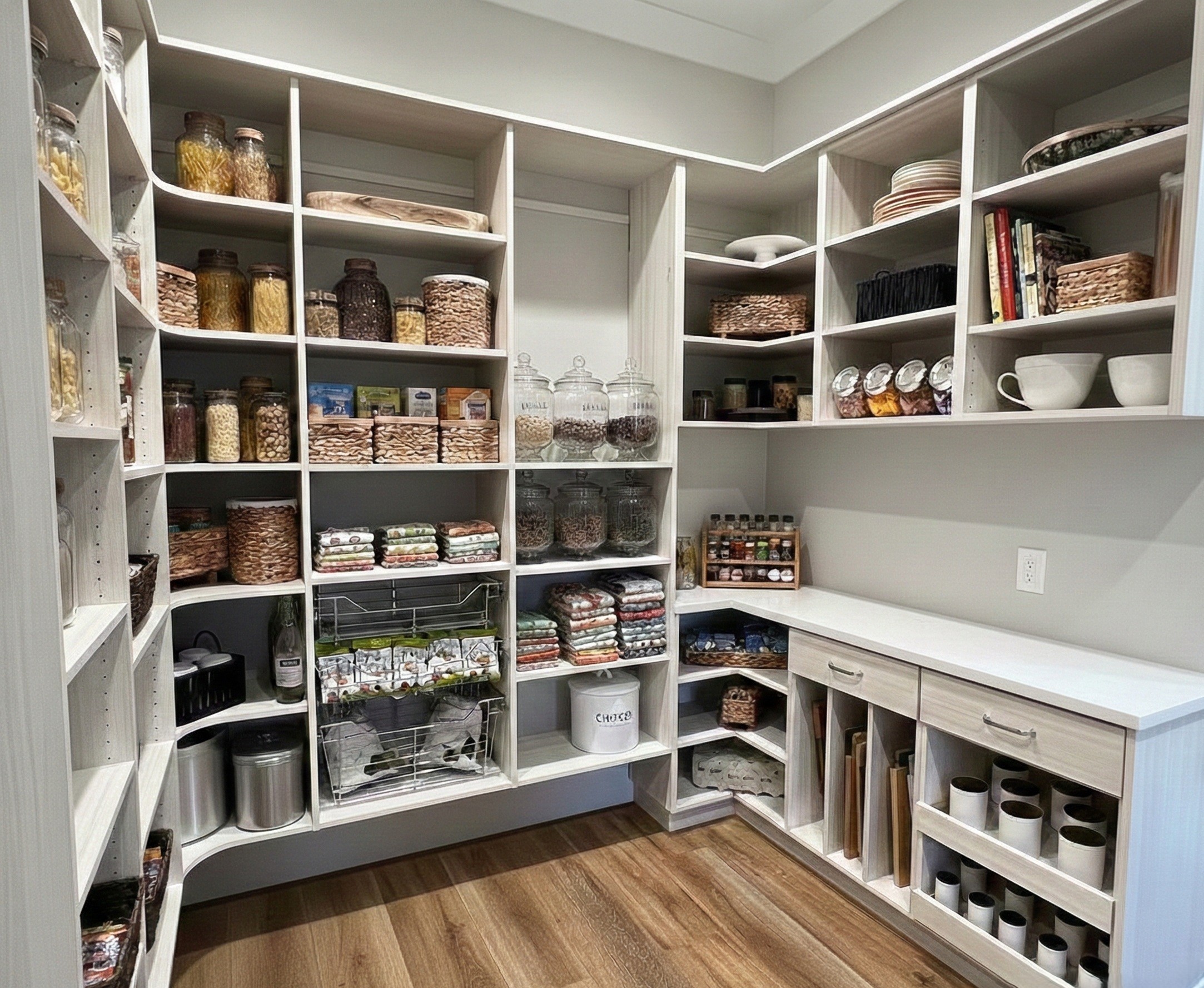 Built-in custom pantry with adjustable shelves and clean, modern cabinetry