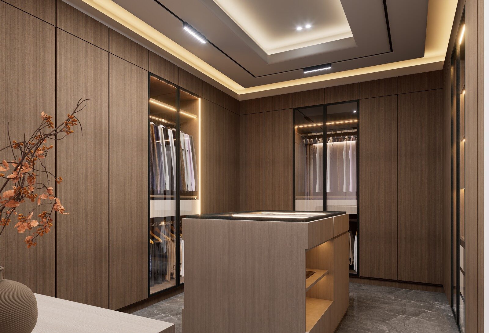 Elegantly designed luxury walk-in closet featuring warm lighting and wood finishes.